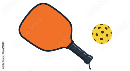 Orange pickleball paddle and yellow ball on white background  
