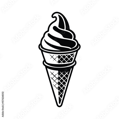 Black and white soft serve ice cream cone silhouette isolated on white background
