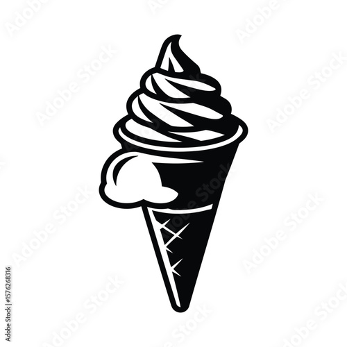 Black and white silhouette of a soft serve ice cream cone isolated on white background