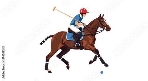 Polo player riding horse while hitting ball in action pose  
