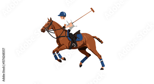 Polo player riding horse while holding mallet in dynamic pose  