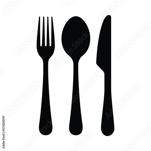 Black silhouette of a fork spoon and knife isolated on white background