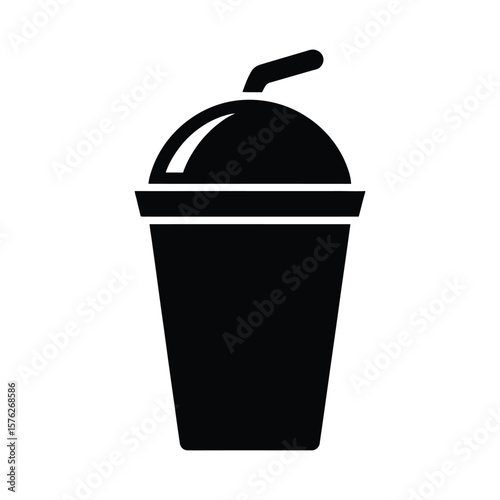 Black silhouette of a cold drink cup with a straw isolated on white background