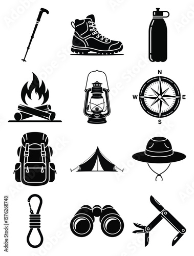 Collection of outdoor camping and hiking gear icons silhouette isolated on white background