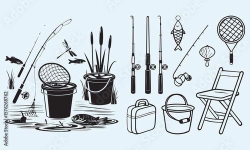 Fishing Man Catching Jumping Fish Silhouette vector 