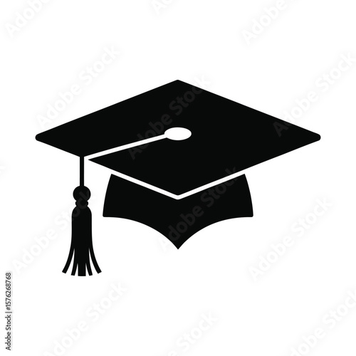 Black graduation cap silhouette with tassel isolated on white background