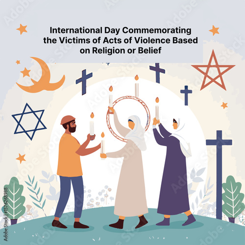 International Day Commemorating the Victims of Acts of Violence Based on Religion or Belief Concept, Peace and Religious Freedom Illustration, Stop Religious Violence Awareness Poster