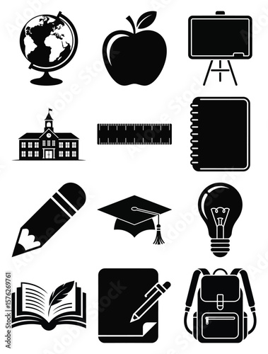 Collection of school and education icons silhouette isolated on white background
