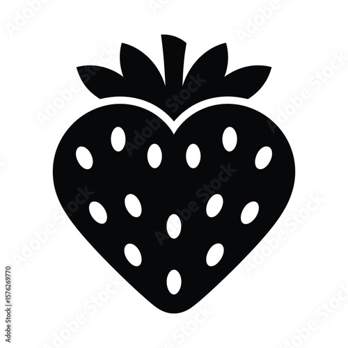 Stylized black strawberry silhouette with seeds isolated on white background