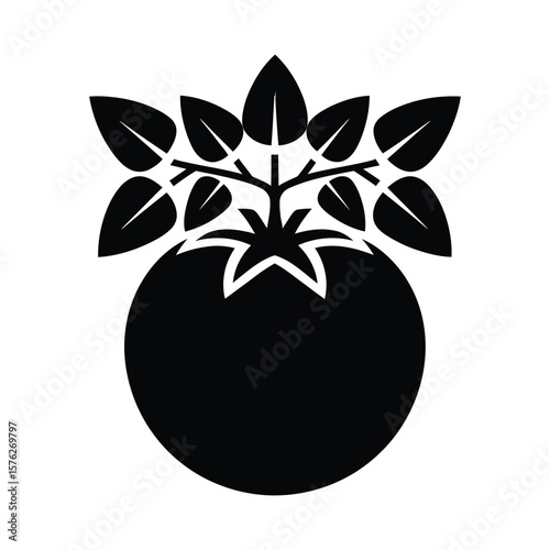 Black silhouette of a fresh tomato with leaves isolated on white background