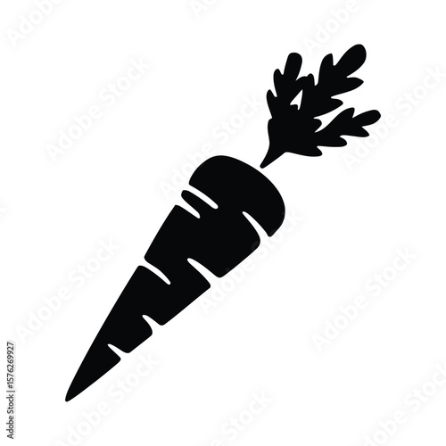 Black silhouette of a fresh carrot with green leaves isolated on white background