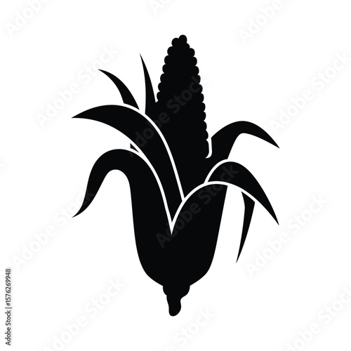Black silhouette of a ripe ear of corn with green leaves isolated on white background