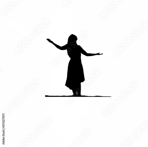 Silhouette of woman standing with tilted head and arms wide open on white background