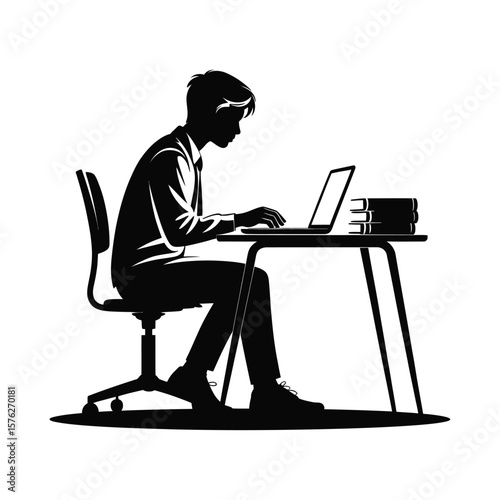 Young man typing on laptop at desk with books silhouette isolated on white background