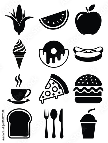 Collection of popular food and drink icons silhouette isolated on white background