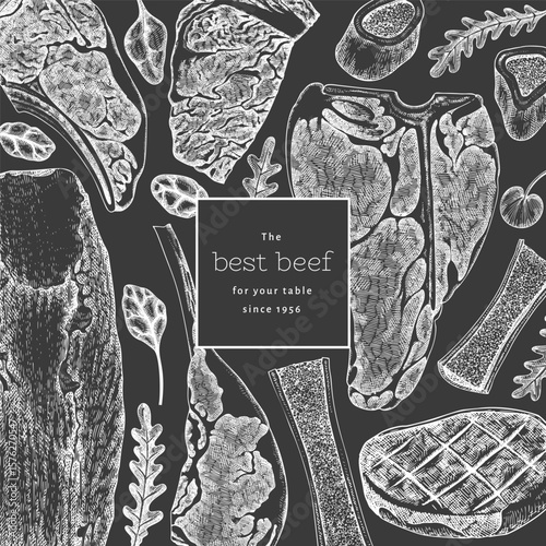 Butchery Shop Chalk Board Design Template. Vector Hand Drawn Meat Banner. Vintage Style Bar B Q Menu Illustration.