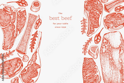 Butchery Shop Design Template. Vector Hand Drawn Meat Banner. Vintage Style Bar B Q Menu Illustration.