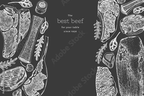 Butchery Shop Chalk Board Design Template. Vector Hand Drawn Meat Banner. Vintage Style Bar B Q Menu Illustration.
