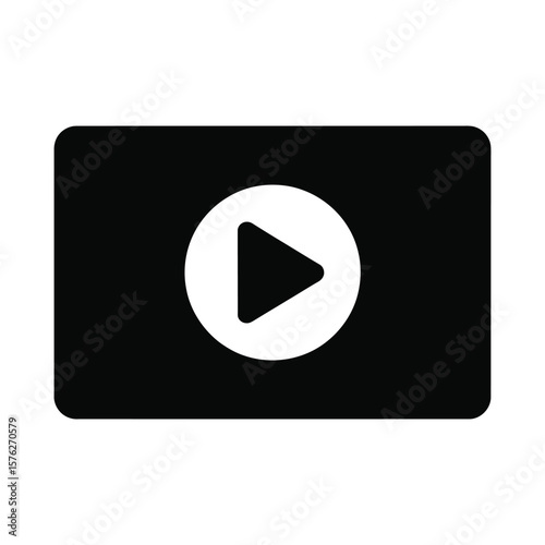 Black play button icon on a white circle within a dark rectangle silhouette isolated on white background