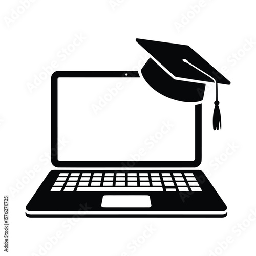 Laptop with graduation cap silhouette isolated on white background
