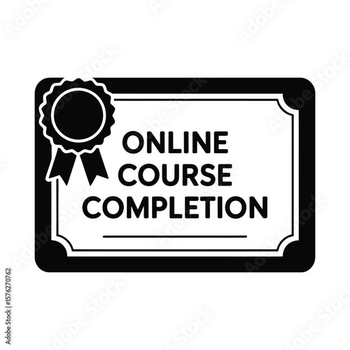 Online course completion certificate silhouette with ribbon isolated on white background