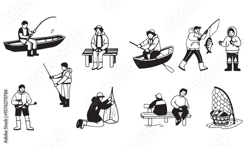 Fishing Man Catching Jumping Fish Silhouette vector 
