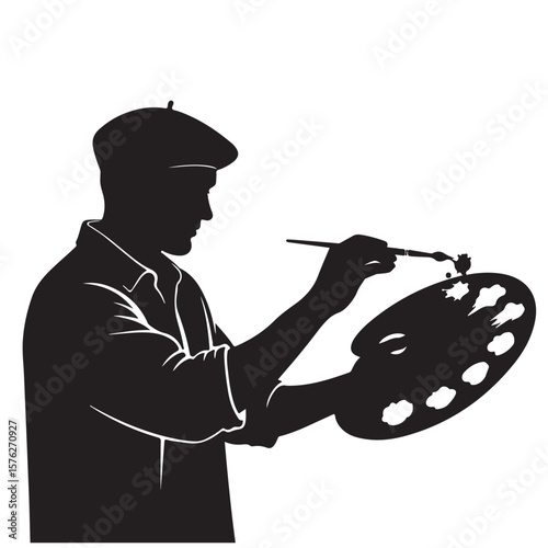 Silhouette of a painter in a beret holding a palette, vector illustration
