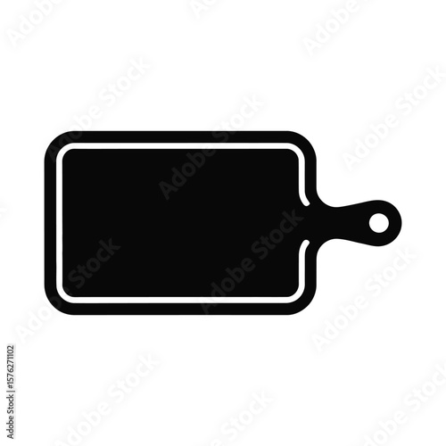 Simple black silhouette of a rectangular cutting board with handle isolated on white background
