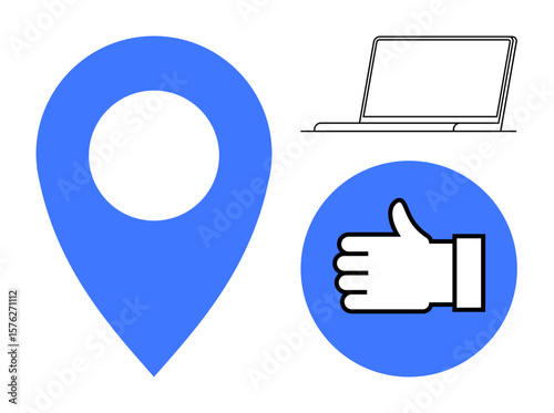 Pin marker for navigation, thumbs-up thumbs up symbol for approval, and laptop outline for communication. Ideal for location-sharing, remote work, notification, ecommerce, business, social media
