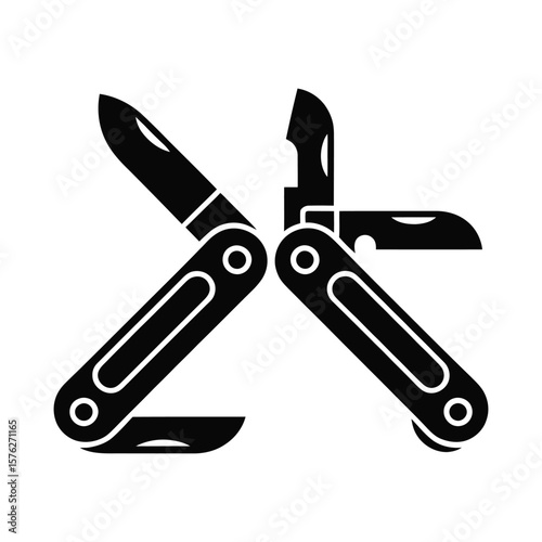 Open multi tool knife with blades extended silhouette isolated on white background