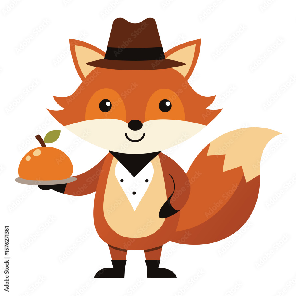 Obraz premium Charming anthropomorphic fox dressed in a traditional pilgrim hat holding a small delicate object suitable for autumn or holiday themes