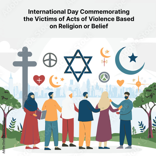 International Day Commemorating the Victims of Acts of Violence Based on Religion or Belief Concept, Peace and Religious Freedom Illustration, Stop Religious Violence Awareness Poster