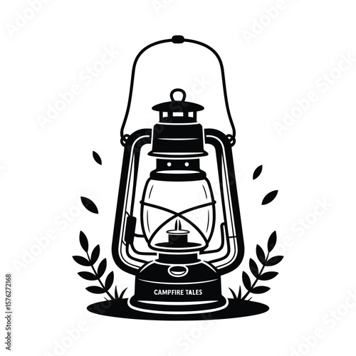 Vintage oil lantern silhouette with campfire tales text isolated on white background