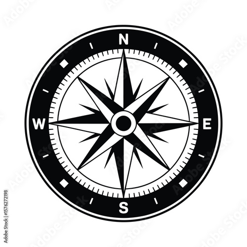 Black and white compass rose silhouette isolated on white background