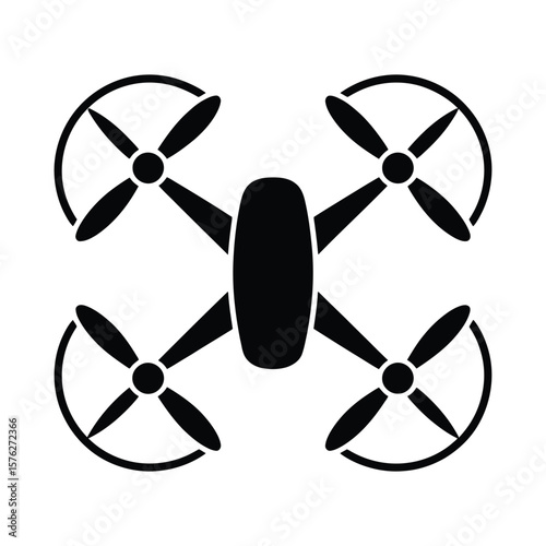 Black silhouette of a quadcopter drone with propellers isolated on white background