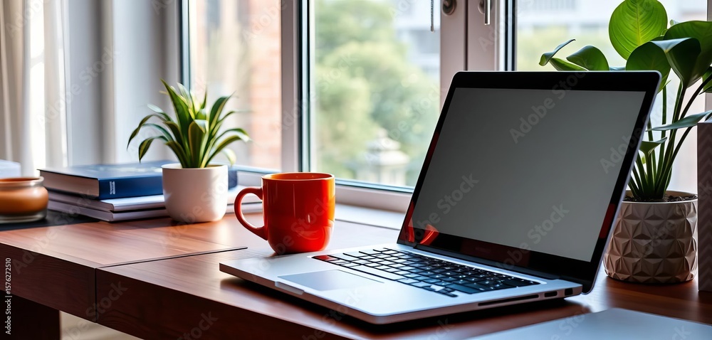 Fototapeta premium Laptop, coffee mug, plant on desk, home office window view, workspace, home office