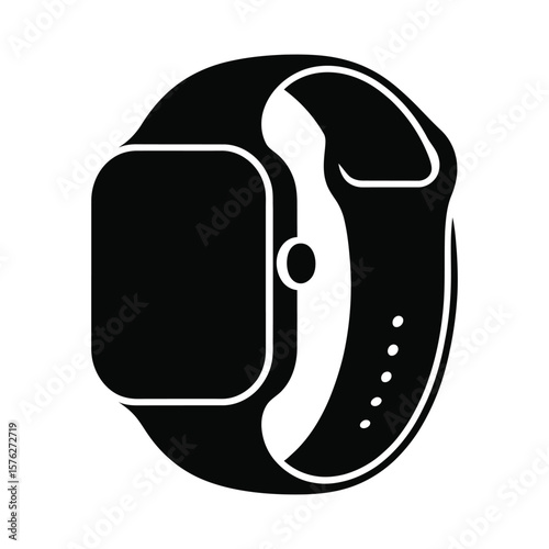 Black silhouette of a modern smartwatch with a band isolated on white background