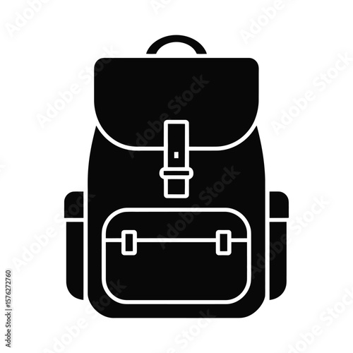Black backpack silhouette with front pocket and side pouches isolated on white background