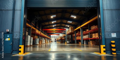 Large metal roll-up door opening to reveal a warehouse interior, business, warehouse