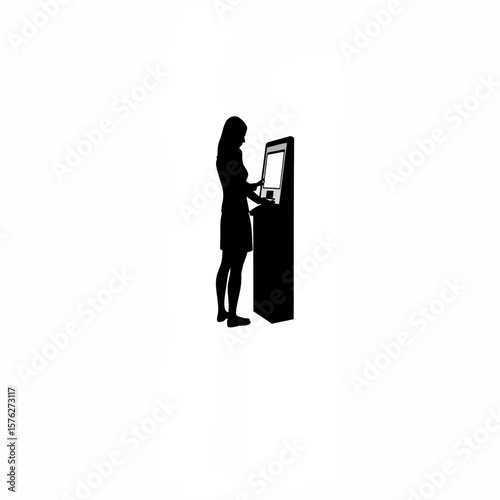 Silhouette of woman using self-checkout machine on white background