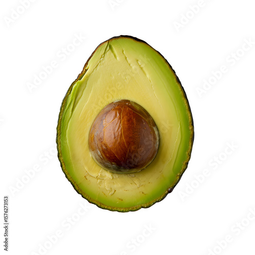 avocado, sliced avocado, green avocado, avocado seed, avocado pit, yellow-green flesh, healthy food, organic fruit, superfood, fresh avocado, ripe avocado, detailed texture, photorealistic, close-up, 