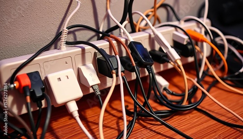Multiple devices plugged into a heavily-loaded power strip, cords tangled,  overloaded,  power