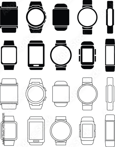 Smart watch vector icons set, wearable gadget, wristwatch, and fitness tracker collection, solid and outline digital device graphic group, editable design elements for technology, health, and lifestyl