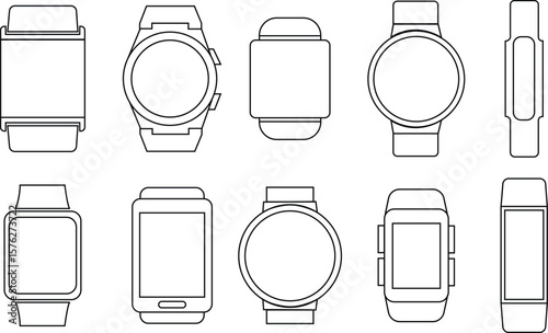 Smart watch vector icons set, wearable gadget, wristwatch, and fitness tracker collection, outline digital device graphic group, editable design elements for technology, health, and lifestyle projects