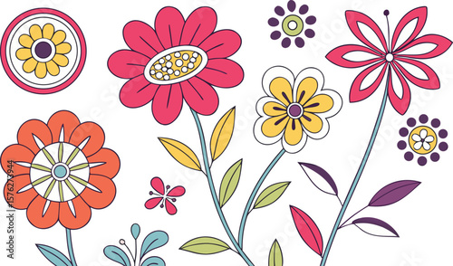 Mod flowers vector graphics. mod flower border patterns. vector flowers. A seamless vector pattern of colorful, abstract mod-style flowers.
