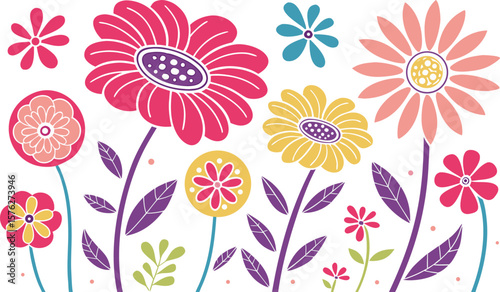 Mod flowers vector graphics. mod flower border patterns. vector flowers. A seamless vector pattern of colorful, abstract mod-style flowers.