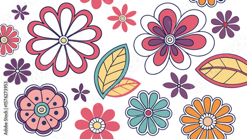 Mod flowers vector graphics. mod flower border patterns. vector flowers. A seamless vector pattern of colorful, abstract mod-style flowers.