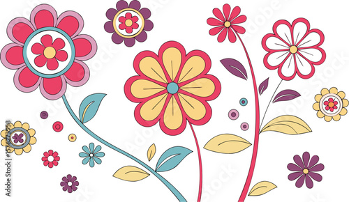 Mod flowers vector graphics. mod flower border patterns. vector flowers. A seamless vector pattern of colorful, abstract mod-style flowers.