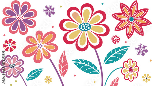 Mod flowers vector graphics. mod flower border patterns. vector flowers. A seamless vector pattern of colorful, abstract mod-style flowers.