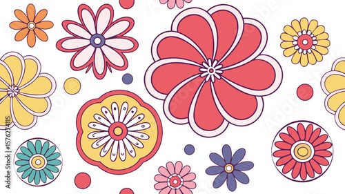 Mod flowers vector graphics. mod flower border patterns. vector flowers. A seamless vector pattern of colorful, abstract mod-style flowers.